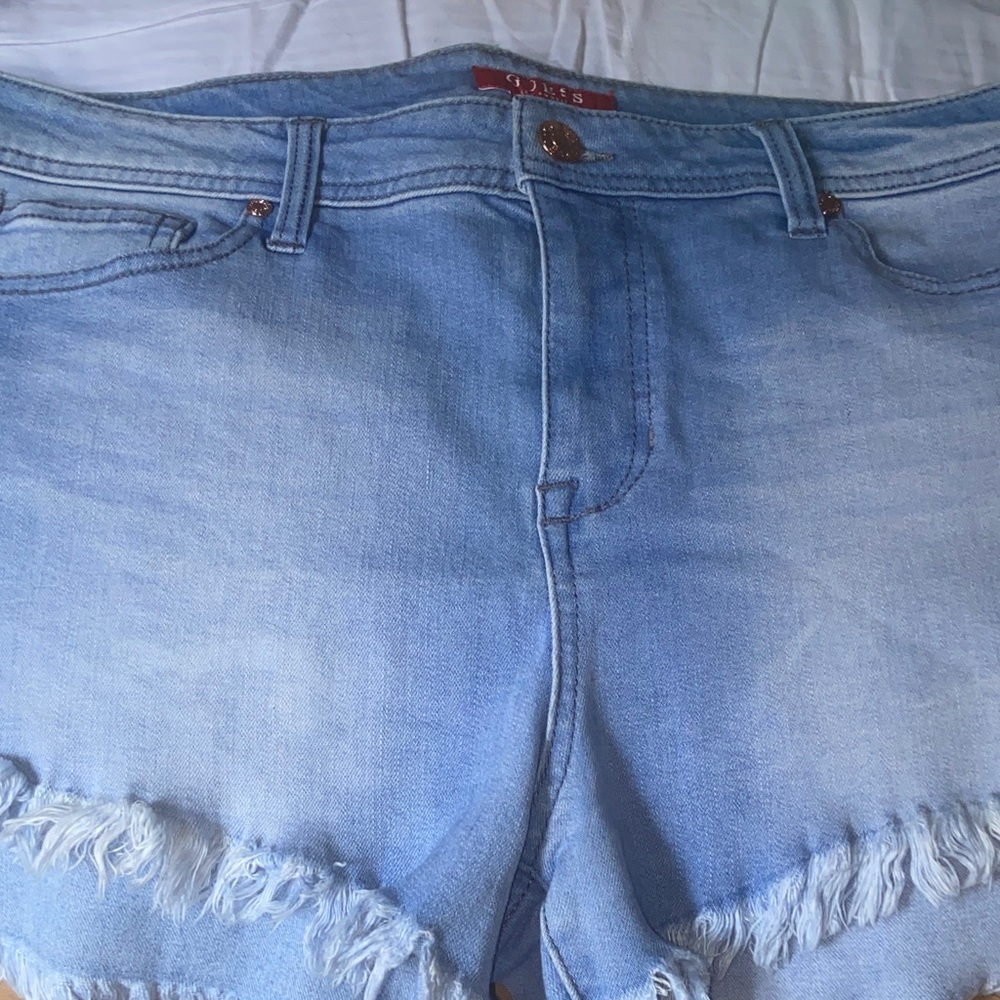 Guess Light Blue Frayed Denim Shorts